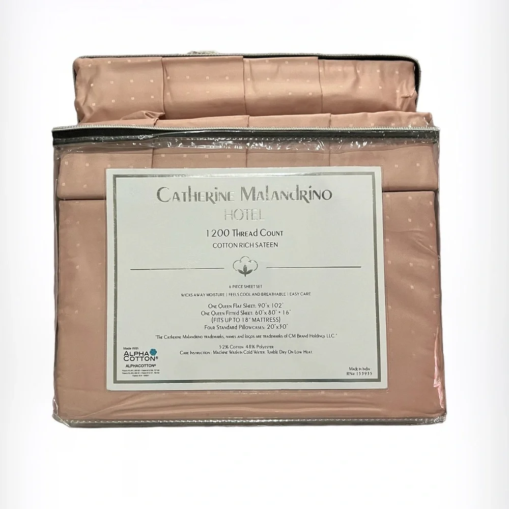 🆕CATHERINE MALANDRINO 1200 TC COTTON RICH SATEEN 6PC SHEET SET QUEEN BLUSH PINK